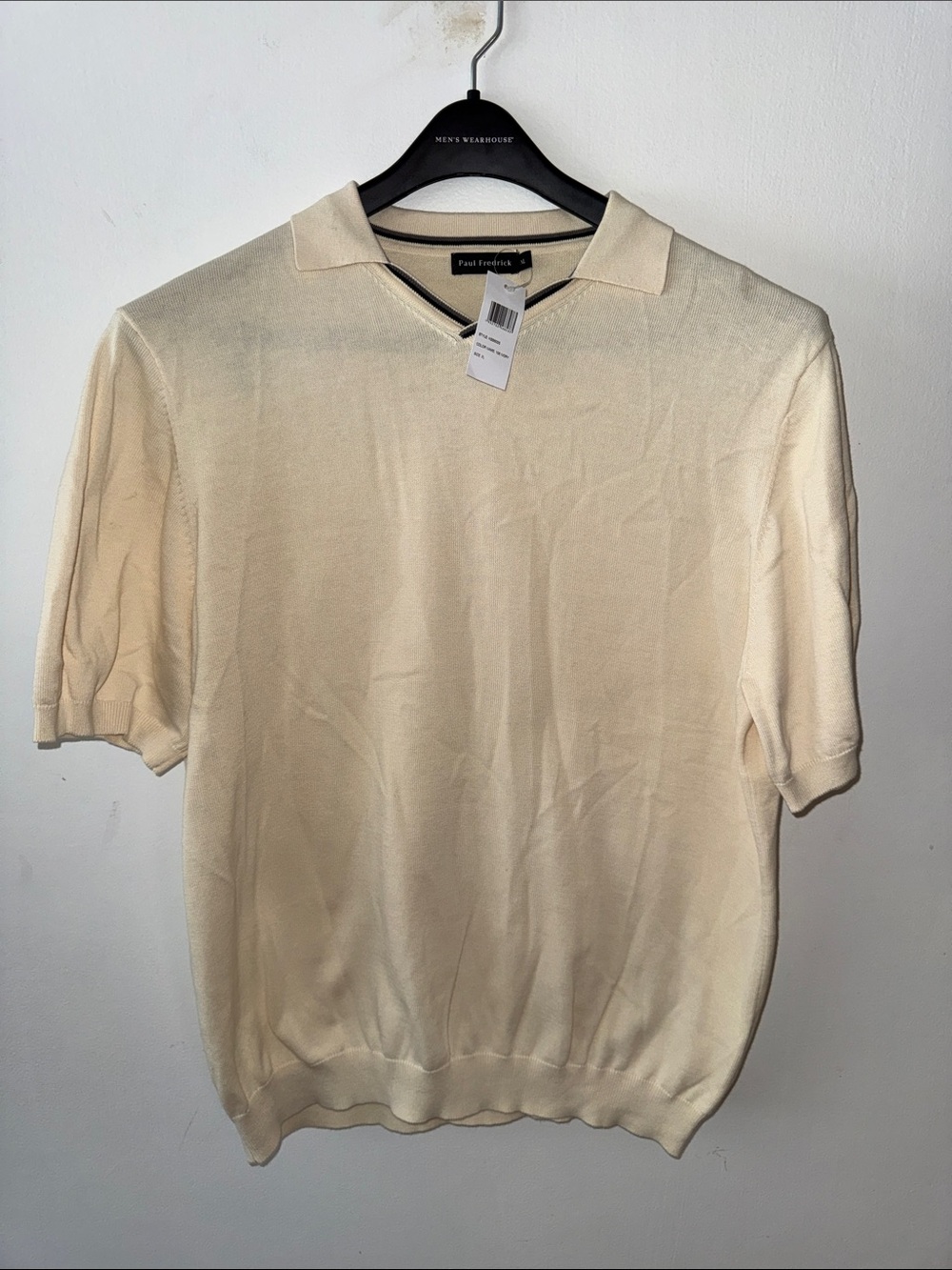 NWT Paul Fredrick Men's Cream Fine Knit Sweater Polo Shirt V-Neck Size XL